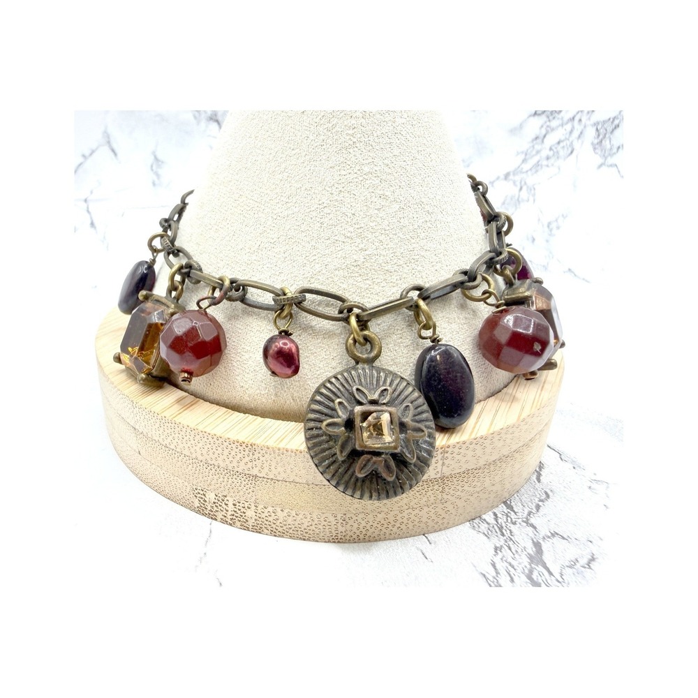 Vintage Glass Stone Charm Bracelet Antiqued Gold Tone Red Amber 6–8 Inch